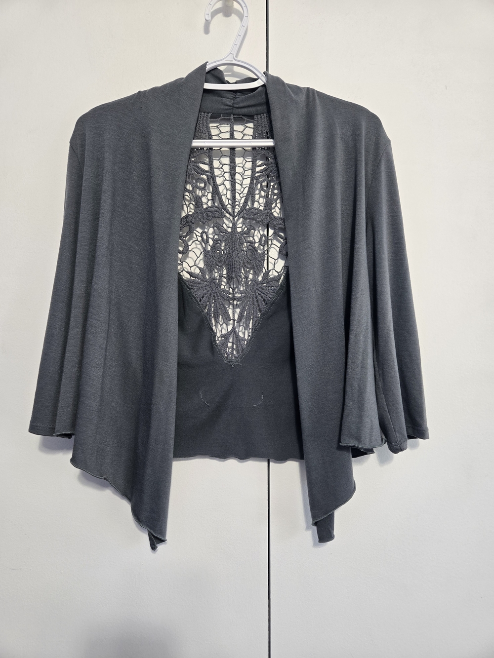 Hot Tempered Medium Gray Crochet Lace Back Open Front Draped Cardigan